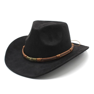 Close-up of black suede cowboy hat with brown braided band and vintage metal star logo