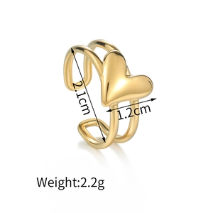 Detailed view of gold heart ring showing dimensions 2.1cm height and 2.2g weight