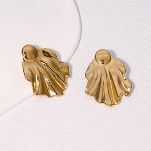 Minimalist golden stainless steel earrings with irregular wavy shell texture design