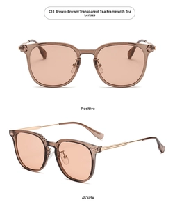 Close-up of square tea brown fashion sunglasses with gold metal temples from two angles