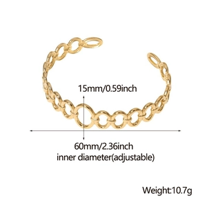 Detail view of 15mm gold-plated stainless steel cuff bracelet with size measurements