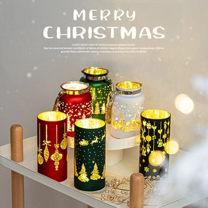 Christmas LED Candle Holder Glass Luminous Desktop Ornament Hollow Reindeer Snowflake Holiday Decor Lamp