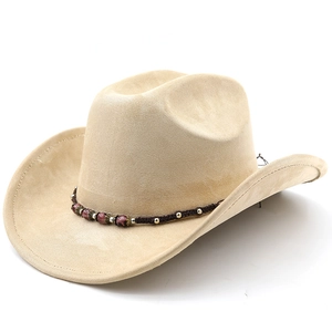 Close-up of beige suede cowboy hat with ethnic braided band and vintage bead accents