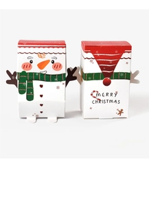 Detail of 3D snowman Christmas candy boxes with Merry Christmas text and red scarf