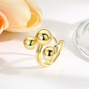 Polished 18k gold plated triple bead open ring with an elegant intertwined band design
