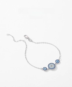 Close-up of S925 sterling silver evil eye bracelet with blue zircon inlay and S925 hallmark