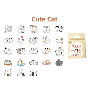 Detail view of 23 cute cartoon cat stickers and matching paper packaging box set