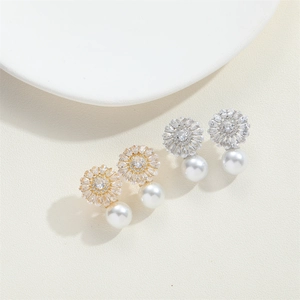 Elegant floral pearl drop earrings featuring zircon sunflower studs in gold and silver finish