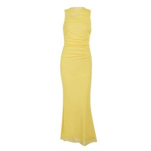 Robe longue jaune vif sans manches avec design plissé en tulle pour une silhouette affinée