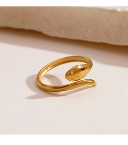 Detailed view of an 18K gold plated snake-shaped wrap ring with textured head detail