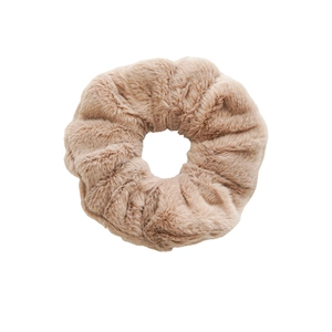 Soft beige faux fur scrunchie with fluffy texture for autumn and winter hairstyles