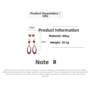 Detailed size parameters for vintage burgundy heart and oval earrings set