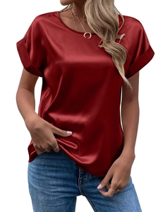 Detail of round neckline and rolled cuffs on a deep red satin short sleeve T-shirt