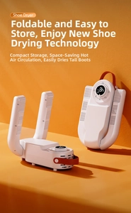 Foldable shoe dryer with timer display and orange handle on a bright orange background