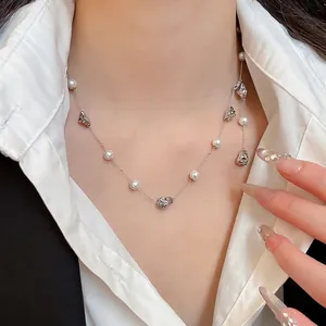 French vintage pearl and silver beaded necklace for women, elegant choker style