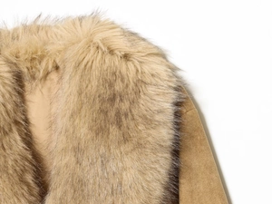 Detail view of the premium faux fur collar and suede texture on camel winter coat