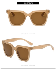 Detailed views of translucent brown square oversized sunglasses with dark lenses