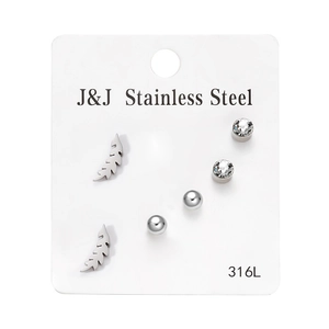 Detailed set of 316L stainless steel stud earrings with leaf, zircon, and ball designs