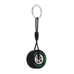Racing tire keychain with green P ZERO logo and silver rim on white background