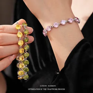 Vintage Round Cubic Zirconia Tennis Bracelet For Women Luxury Copper Geometric Inlaid Bracelet Accessory