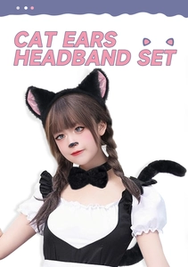 Detailed plush cat ears headband set with bow tie and tail for cosplay accessories