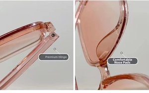 Detalle de las bisagras metálicas y las almohadillas nasales en gafas rosas claras