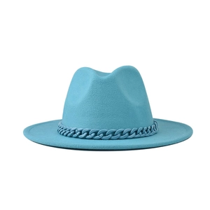 Classic sky blue felt fedora hat featuring a matching plastic chain decoration for men and women