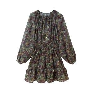 Fashionable paisley print mini dress with long puff sleeves and ruffled hem details