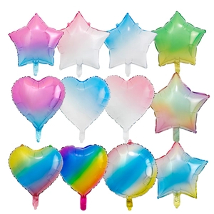 Various gradient heart and star foil balloons in rainbow and pastel colors on white background