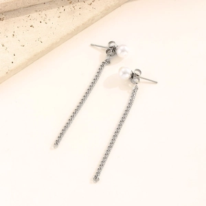 Silver stainless steel chain tassel earrings with pearls shown from a 45-degree angle view