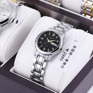 Classic silver steel watch with black dial and dual calendar display in a gift box