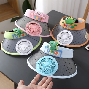 Detail of colorful kids sun visors with built-in fans and cute cartoon animal decorations