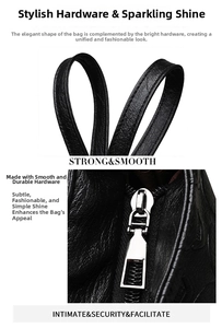 Detail of high-quality silver metal zipper and smooth stitching on the black leather tote bag