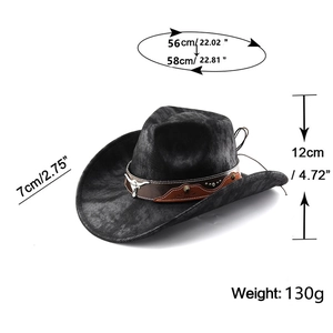 Detailed dimensions of western cowboy hat with bull head logo and leather band studs