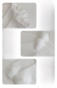 Close-up of white ribbed knit socks featuring ruffle lace cuffs and reinforced heels