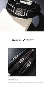 Macro shot of men's leather bracelet with magnetic clasp and Viking compass engraving