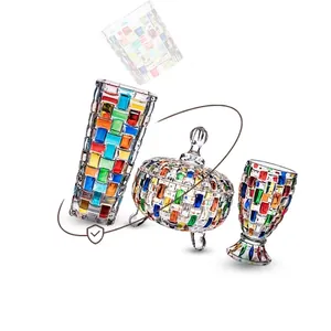 European hand-painted colorful mosaic glass set with vase, candy jar and goblet