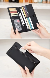 Détail du portefeuille RFID montrant les fentes pour cartes et la poche zippée pour pièces