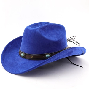 Détail d'un chapeau de cowboy en feutre bleu-violet avec bande cuir et clous turquoise