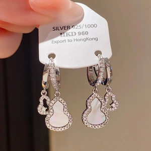 925 silver double gourd earrings with white shell and pavé cubic zirconia accents