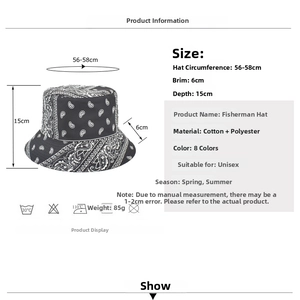 Detailed size chart for paisley bucket hat showing head circumference and brim depth