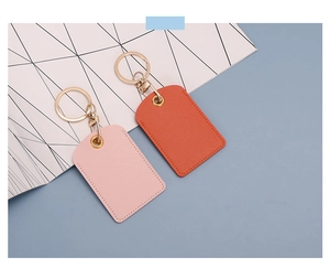 Pink and orange PU leather square keycard holder keychain with durable metal ring and hook