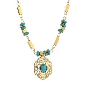 Retro 18K gold plated stainless steel necklace with turquoise beads and hollow pendant