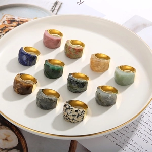 Natural Stone Stainless Steel Ring Geometric Faceted Exaggerated Fashion Statement Jewelry For Women