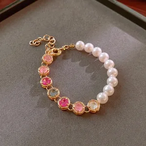 Luxe pearl necklace with colorful gemstones and 18K gold plated chain design