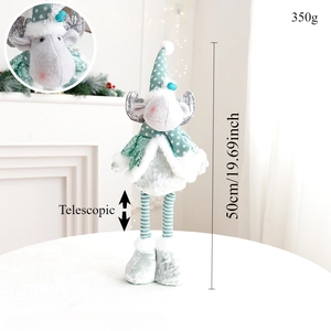 Detail of telescopic legs on a mint green Christmas reindeer doll showing 50cm height
