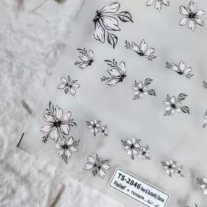 Autocollants ongles en relief avec motifs fleurs et papillons en noir et blanc