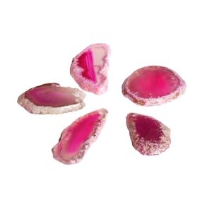 Natural pink agate crystal slices with unique mineral textures and irregular shapes