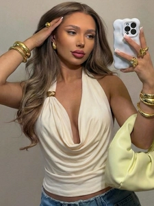 Débardeur Dos Nu Femmes Col Bénitier Col En V Profond Boucle Métallique Sexy Sans Manches Couleur Unie