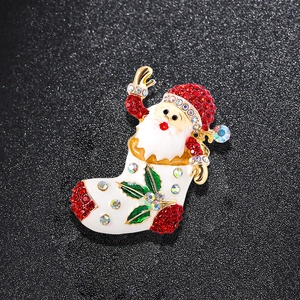 Santa Claus in Christmas stocking brooch with colorful enamel and sparkling rhinestones